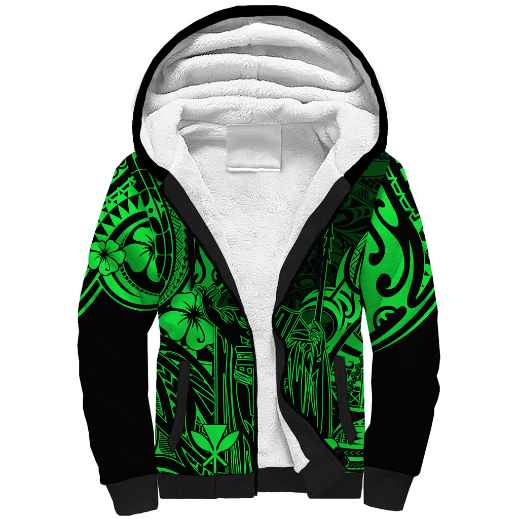 Hawaii King Kamehameha Sherpa Hoodie Polynesian Pattern Green Version - Wonder Print Shop