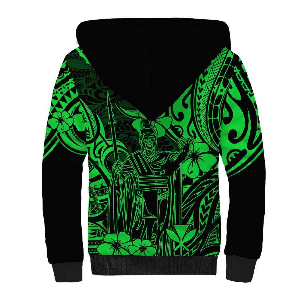 Hawaii King Kamehameha Sherpa Hoodie Polynesian Pattern Green Version - Wonder Print Shop