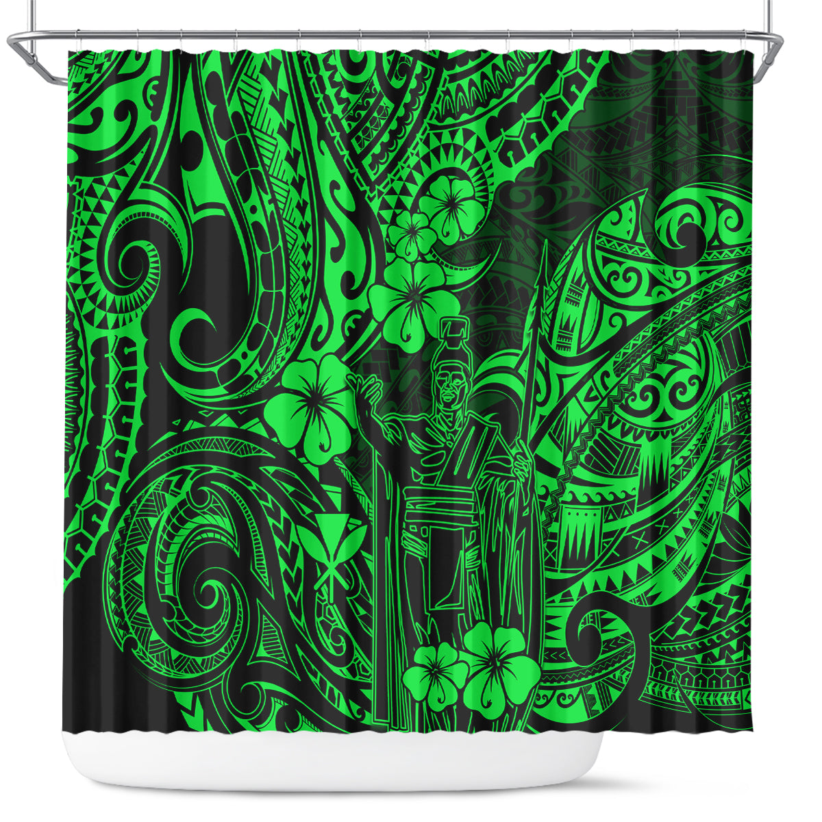 hawaii-king-kamehameha-shower-curtain-polynesian-pattern-green-version