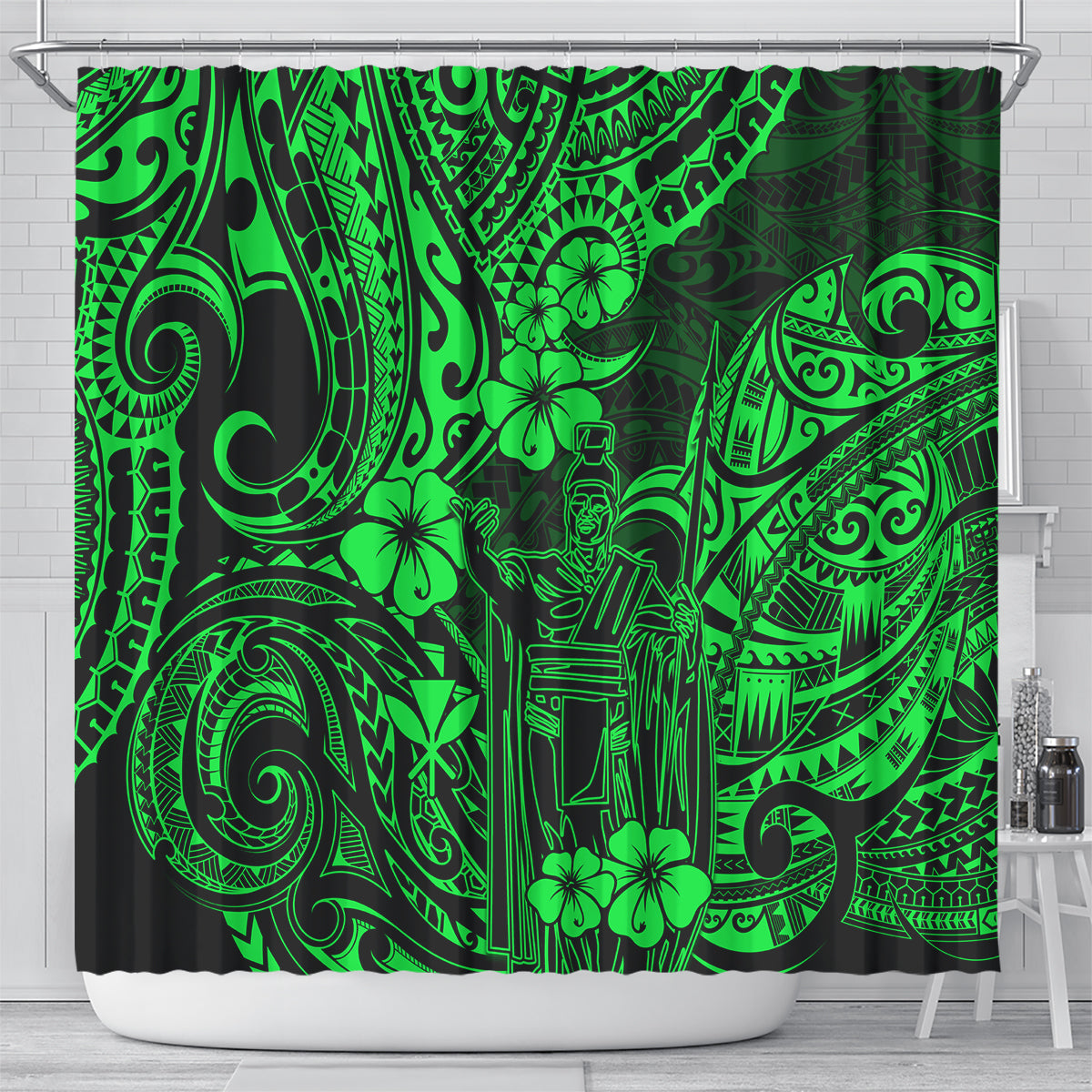 hawaii-king-kamehameha-shower-curtain-polynesian-pattern-green-version