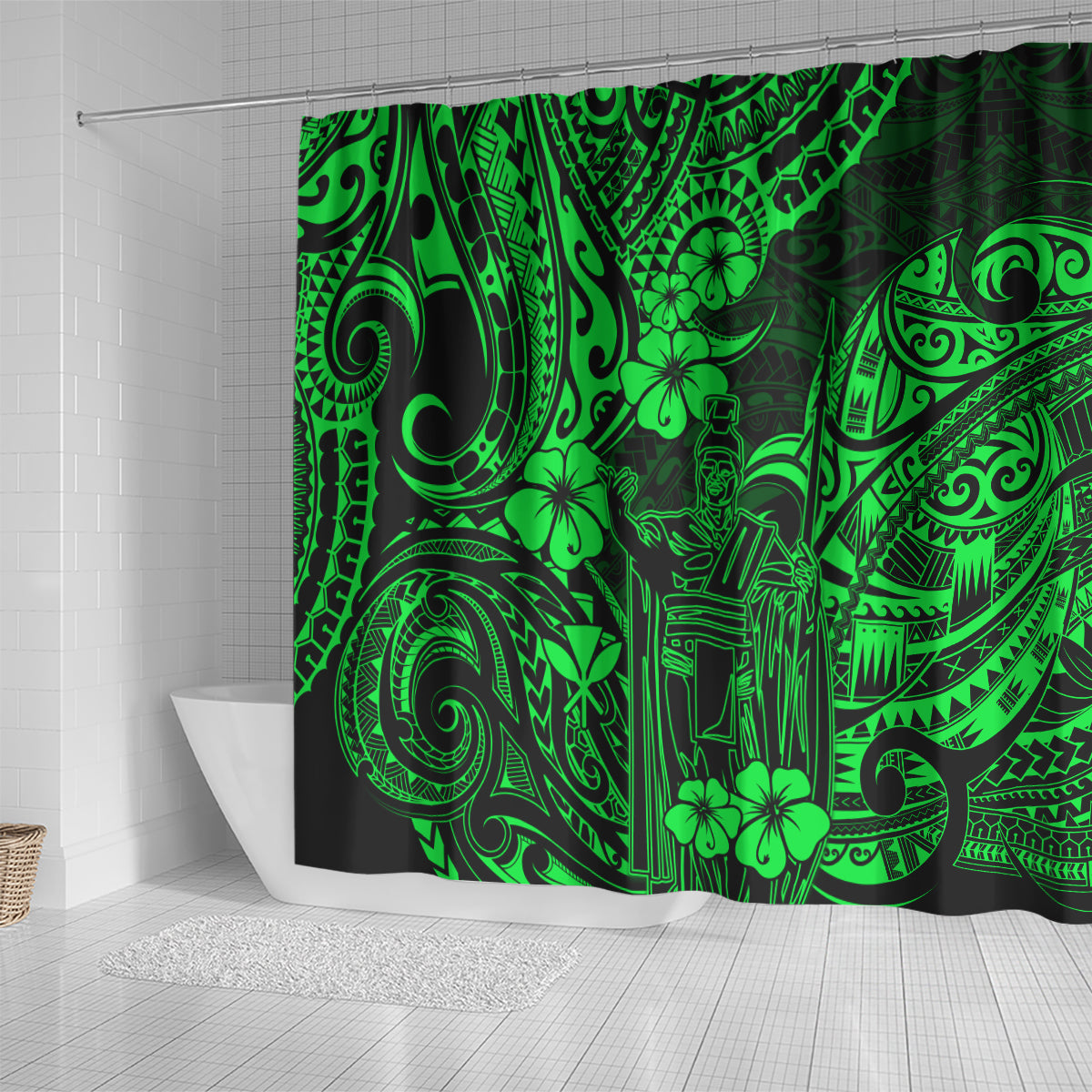hawaii-king-kamehameha-shower-curtain-polynesian-pattern-green-version