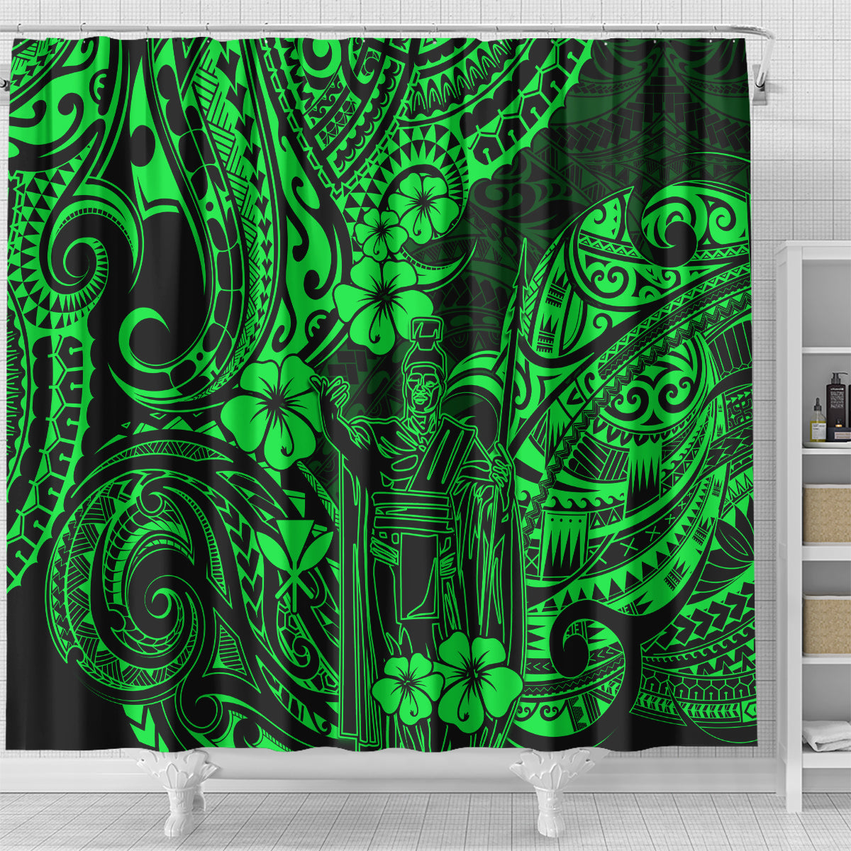 hawaii-king-kamehameha-shower-curtain-polynesian-pattern-green-version