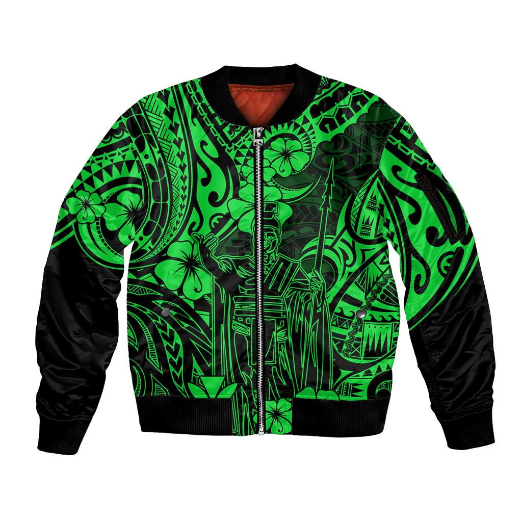 Hawaii King Kamehameha Sleeve Zip Bomber Jacket Polynesian Pattern Green Version - Wonder Print Shop