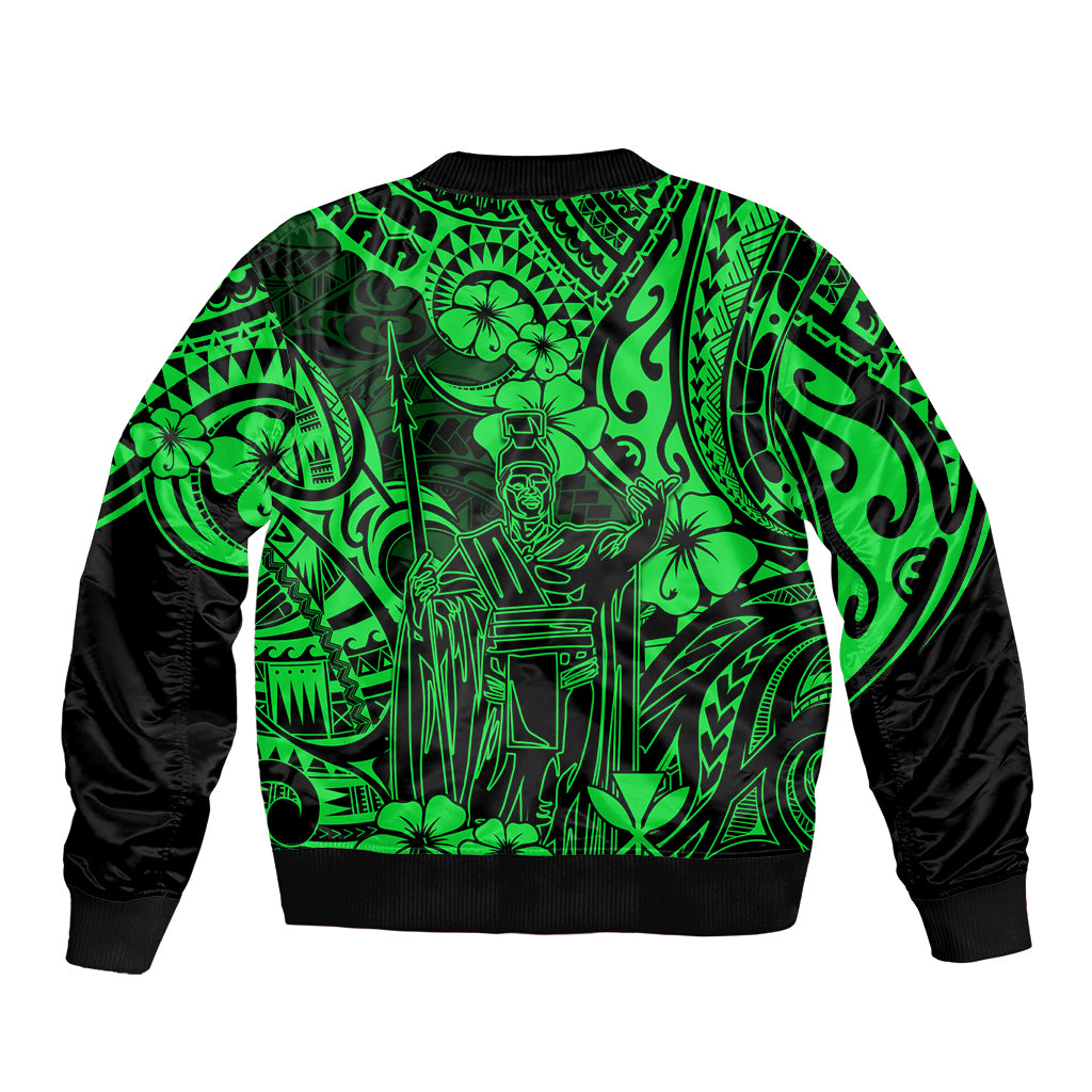 Hawaii King Kamehameha Sleeve Zip Bomber Jacket Polynesian Pattern Green Version - Wonder Print Shop