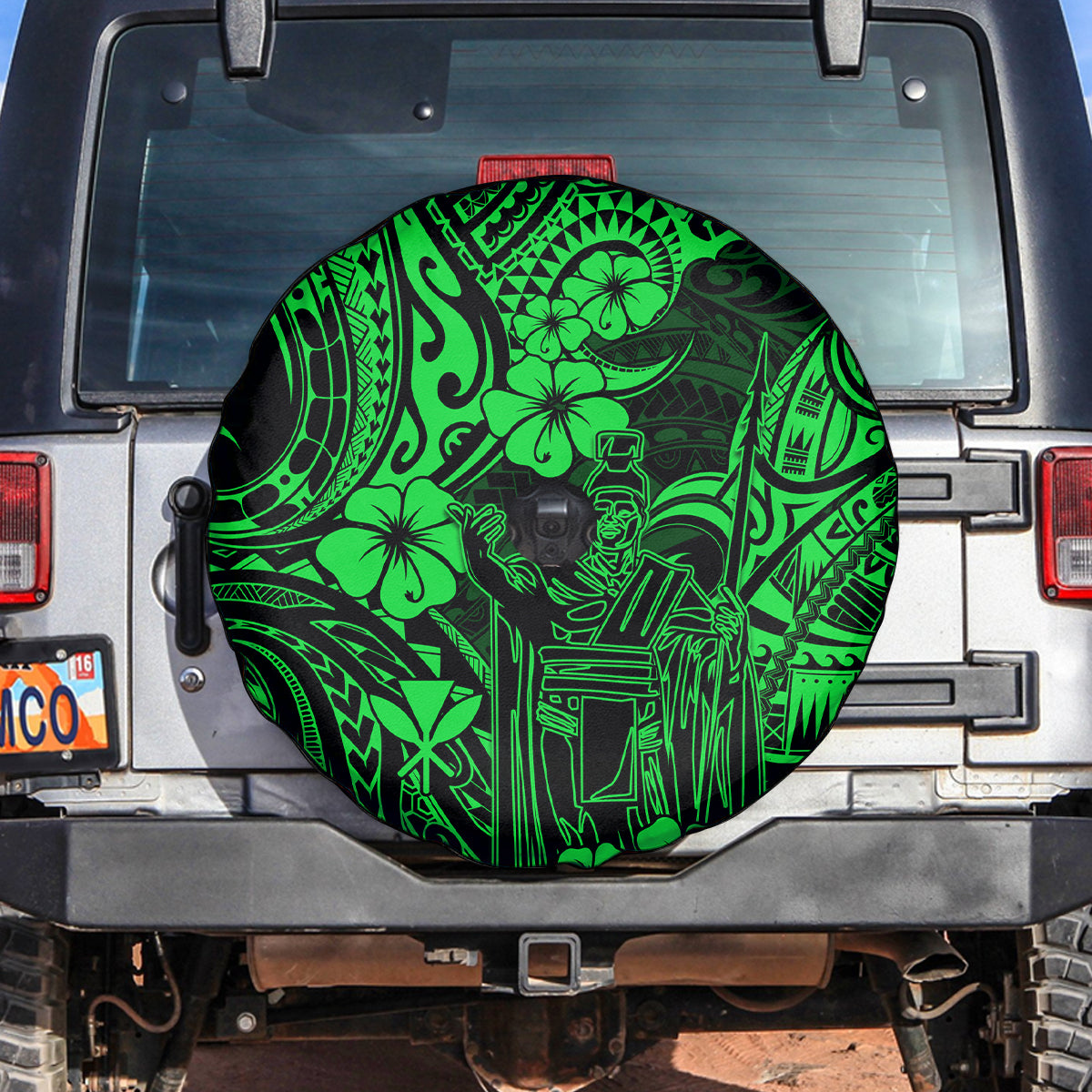 Hawaii King Kamehameha Spare Tire Cover Polynesian Pattern Green Version - Wonder Print Shop