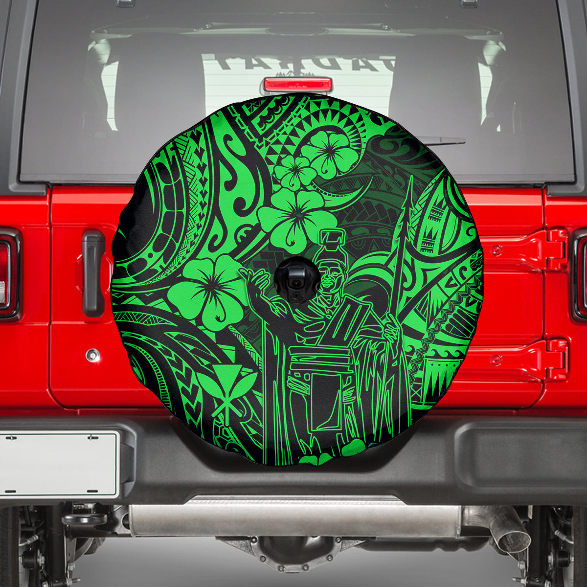 Hawaii King Kamehameha Spare Tire Cover Polynesian Pattern Green Version - Wonder Print Shop