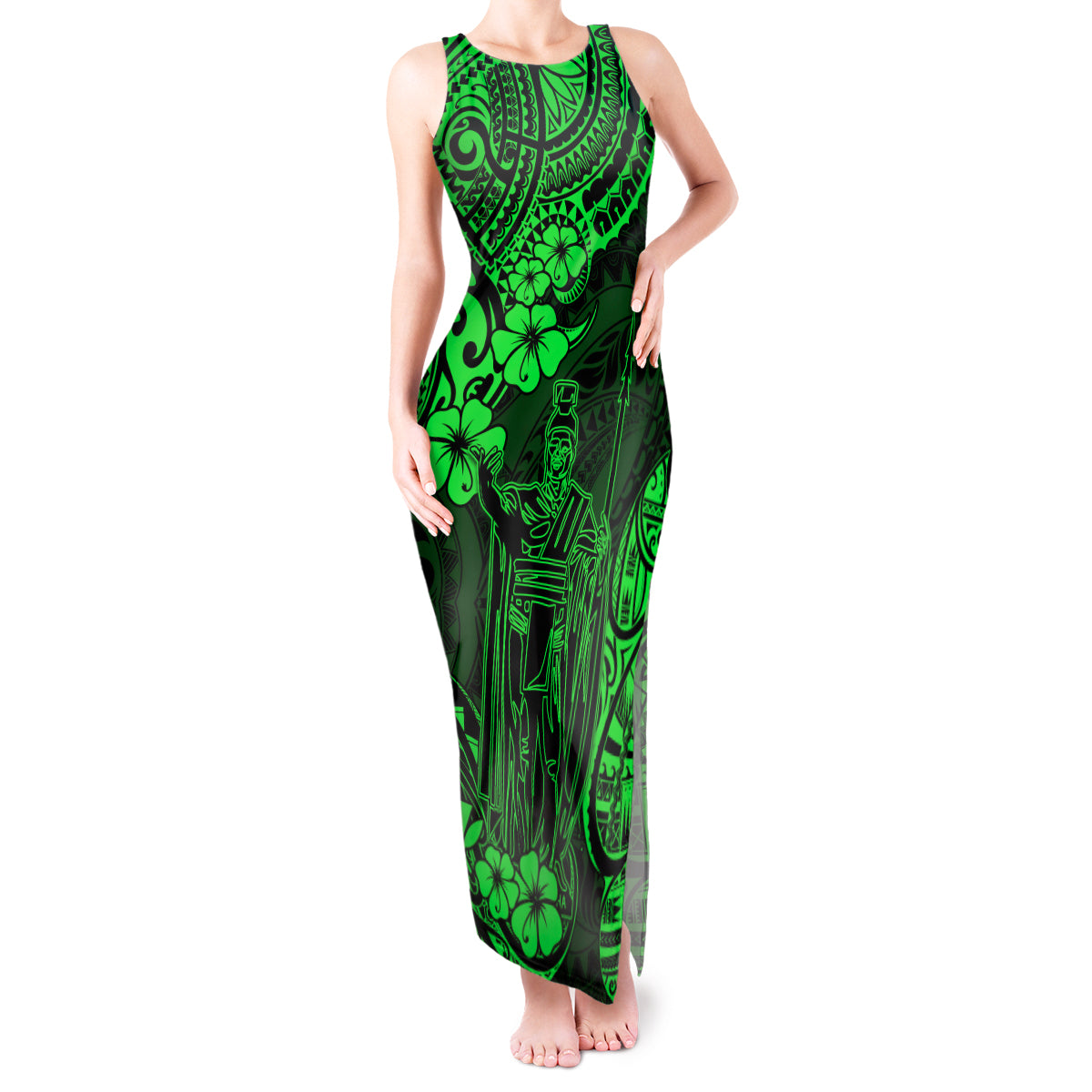 Hawaii King Kamehameha Tank Maxi Dress Polynesian Pattern Green Version - Wonder Print Shop