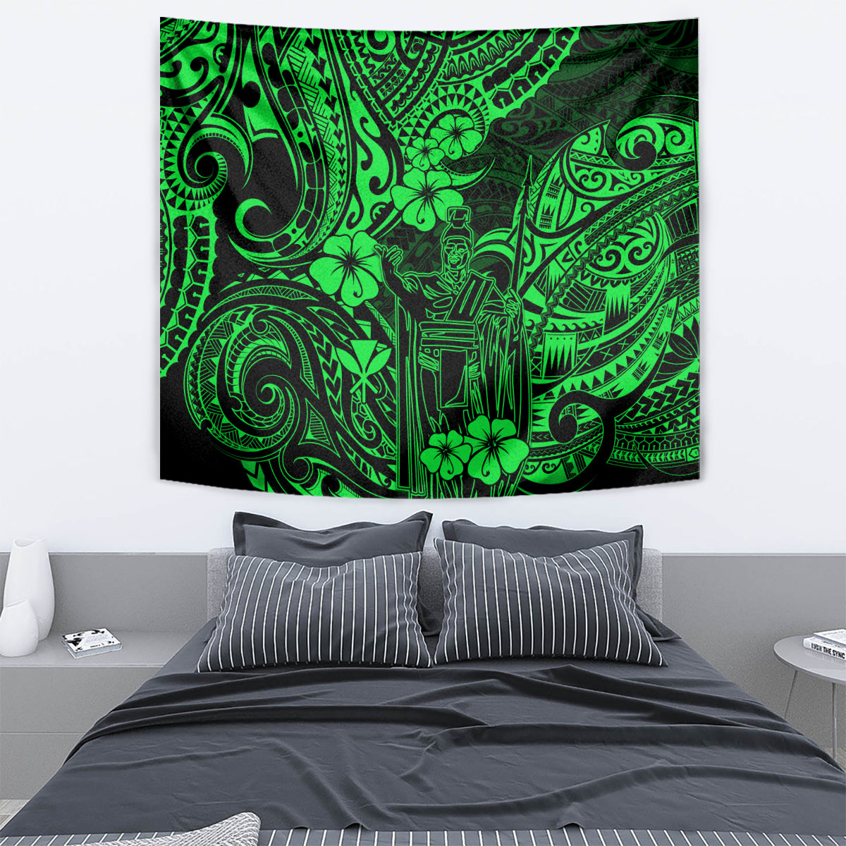 Hawaii King Kamehameha Tapestry Polynesian Pattern Green Version - Wonder Print Shop