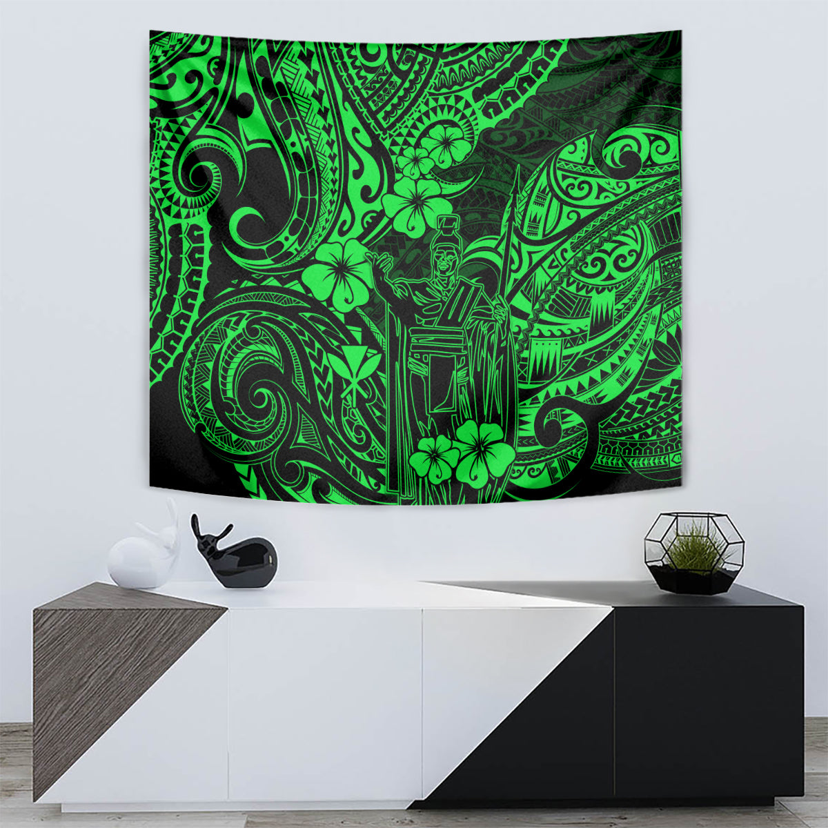 Hawaii King Kamehameha Tapestry Polynesian Pattern Green Version - Wonder Print Shop