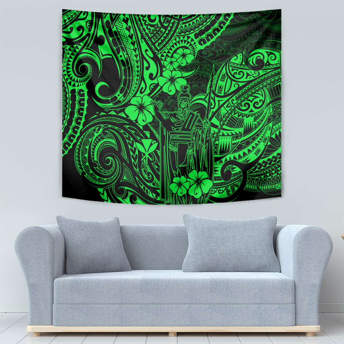 Hawaii King Kamehameha Tapestry Polynesian Pattern Green Version - Wonder Print Shop