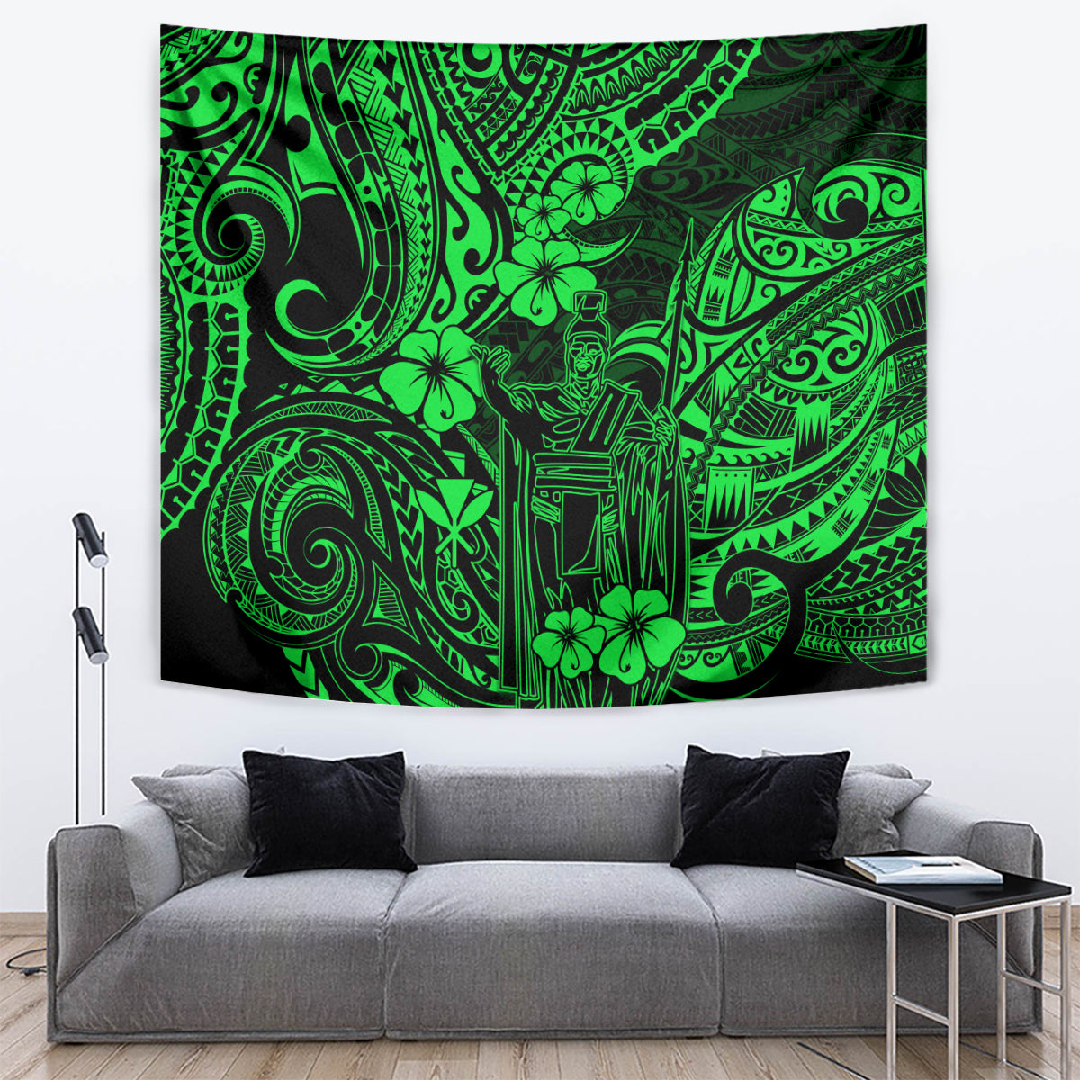 Hawaii King Kamehameha Tapestry Polynesian Pattern Green Version - Wonder Print Shop