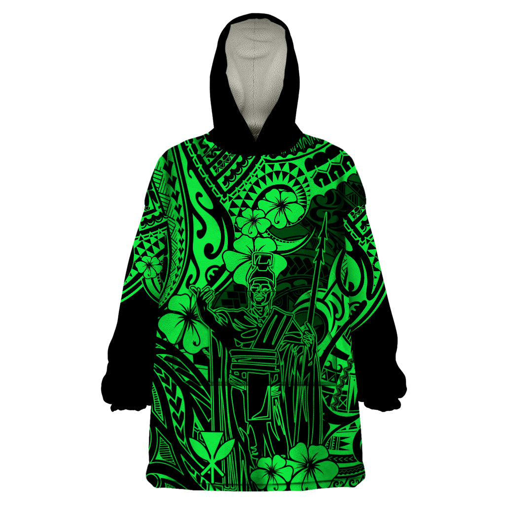 Hawaii King Kamehameha Wearable Blanket Hoodie Polynesian Pattern Green Version - Wonder Print Shop