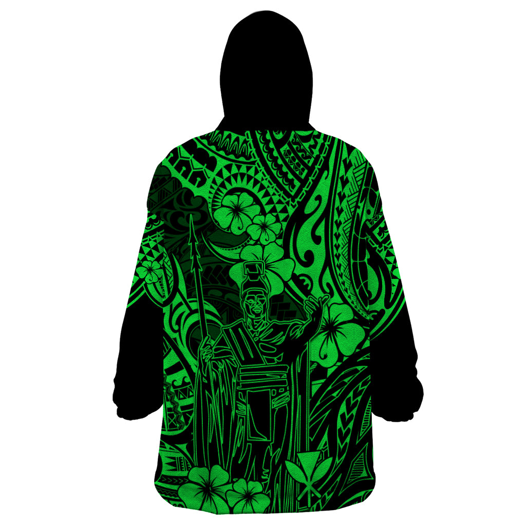 Hawaii King Kamehameha Wearable Blanket Hoodie Polynesian Pattern Green Version - Wonder Print Shop