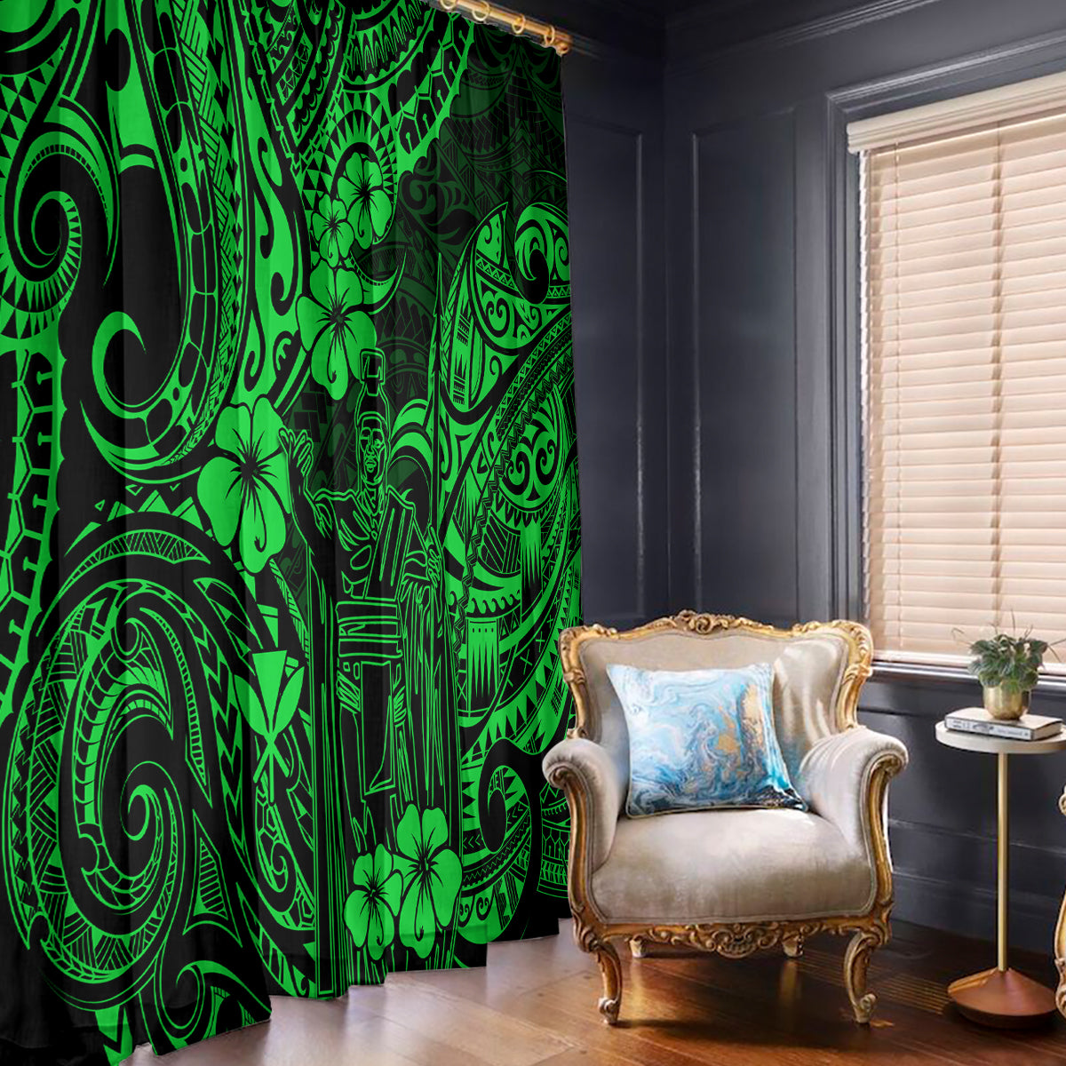 Hawaii King Kamehameha Window Curtain Polynesian Pattern Green Version - Wonder Print Shop