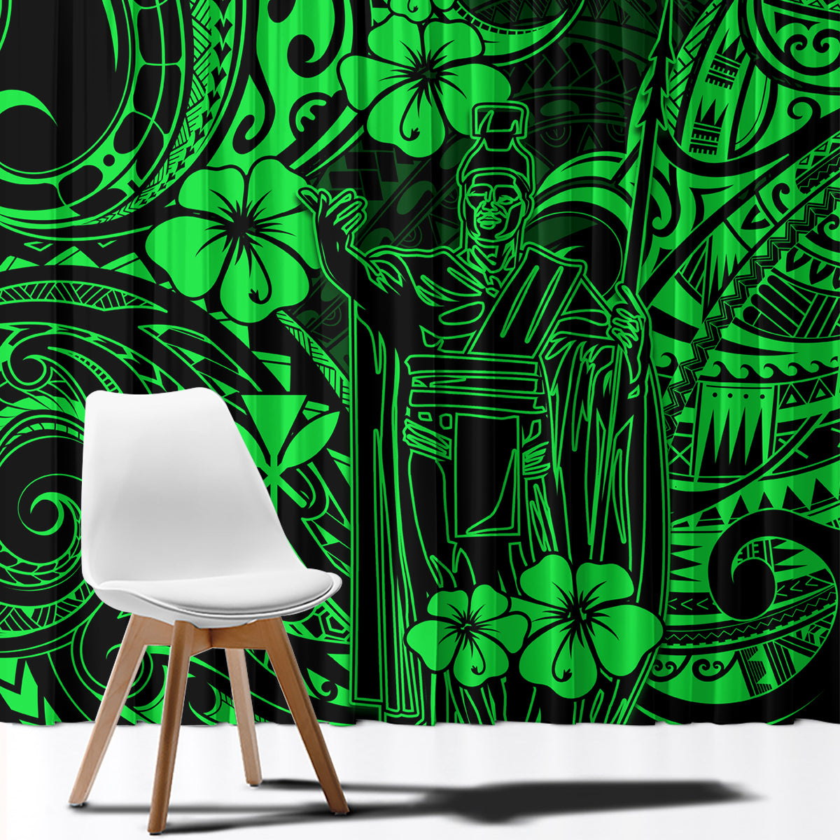 Hawaii King Kamehameha Window Curtain Polynesian Pattern Green Version - Wonder Print Shop