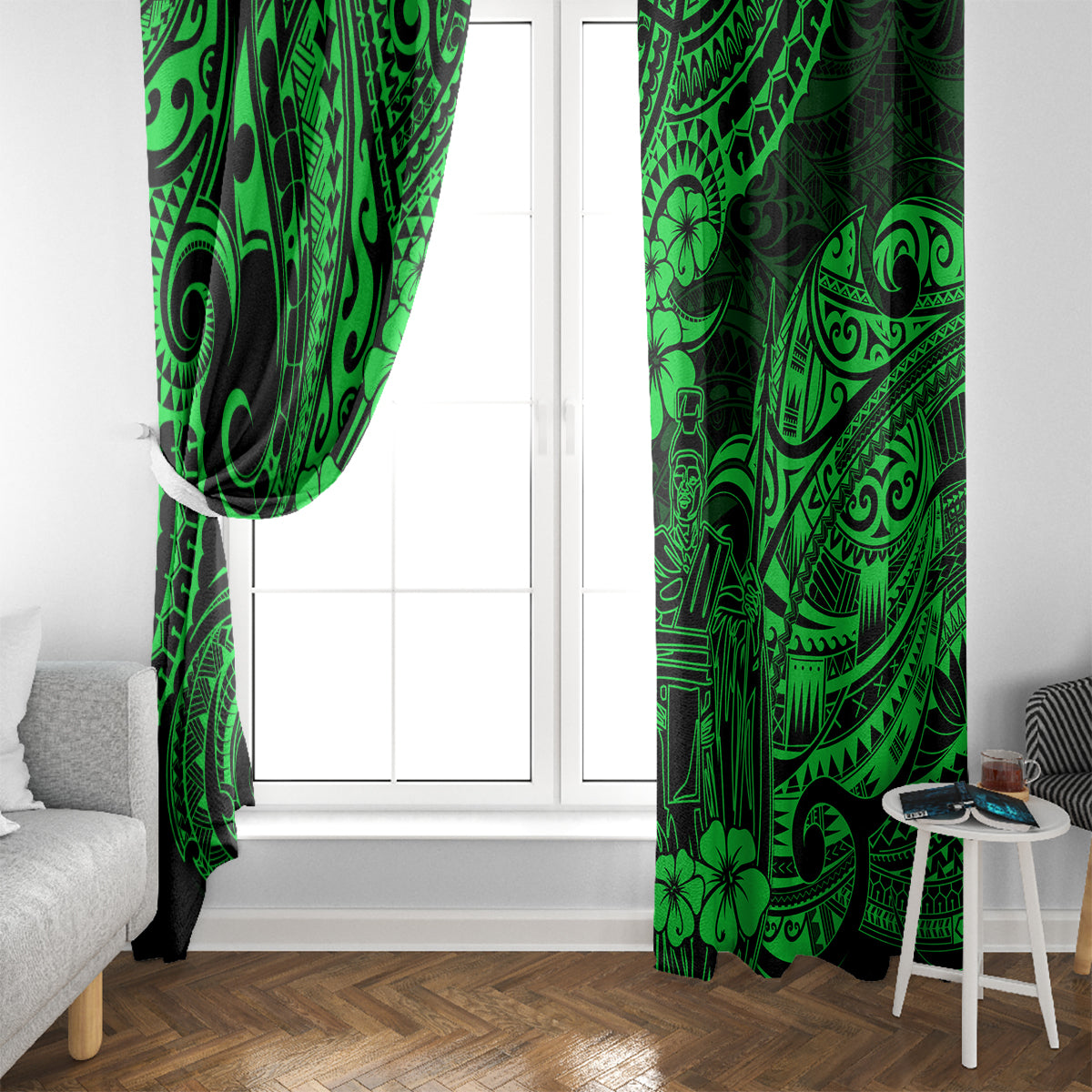 Hawaii King Kamehameha Window Curtain Polynesian Pattern Green Version - Wonder Print Shop