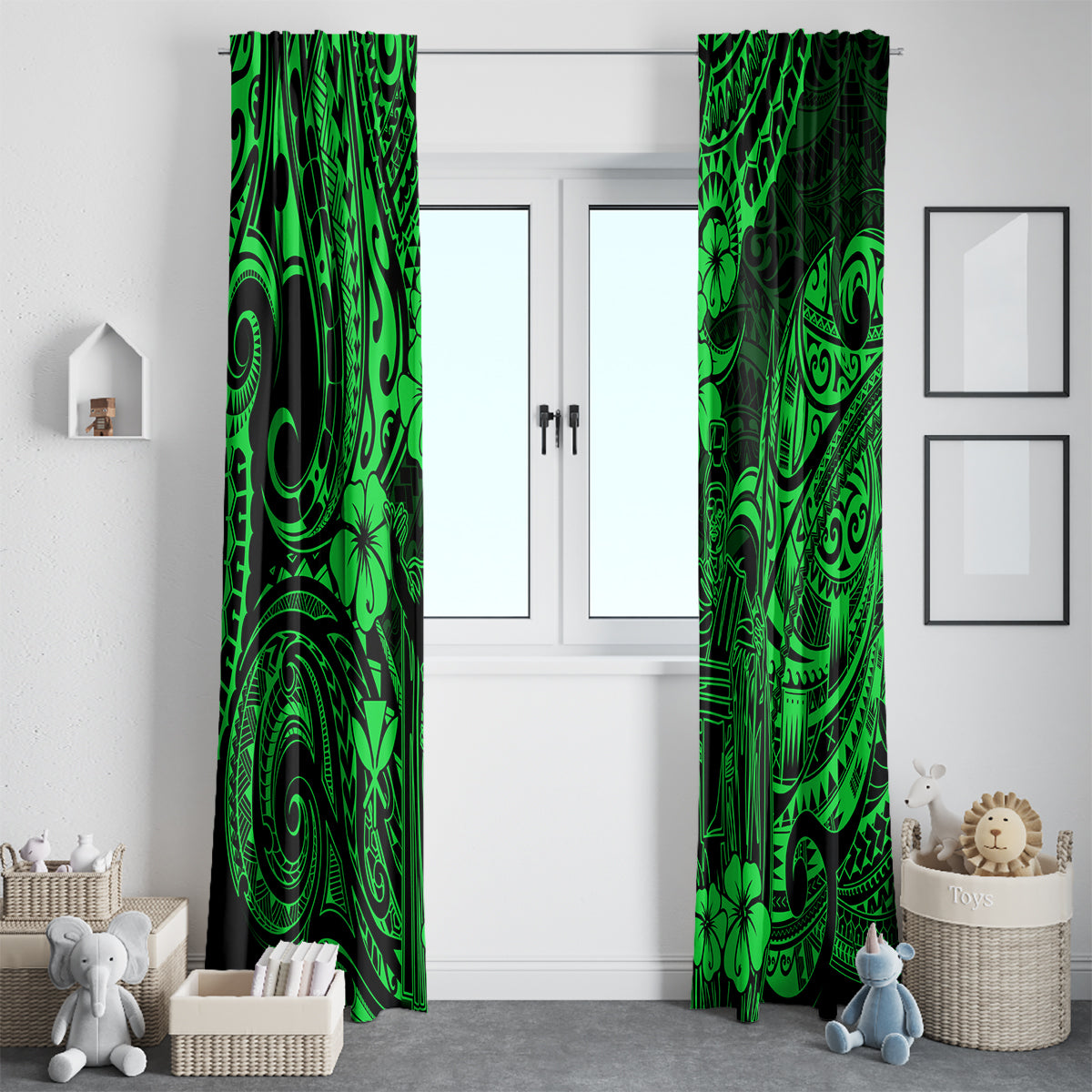 Hawaii King Kamehameha Window Curtain Polynesian Pattern Green Version - Wonder Print Shop