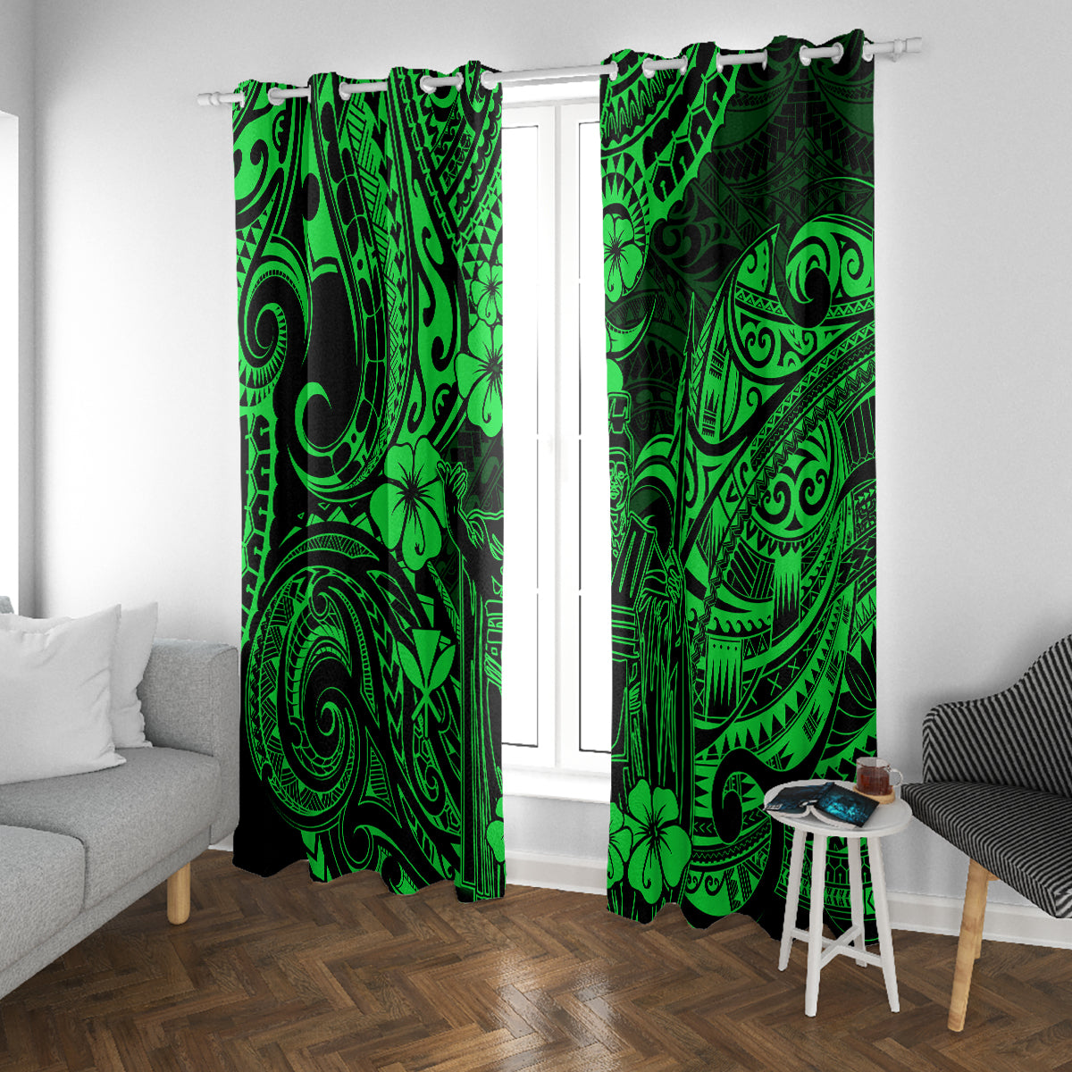 Hawaii King Kamehameha Window Curtain Polynesian Pattern Green Version - Wonder Print Shop