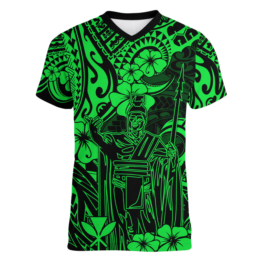 Hawaii King Kamehameha Women V Neck T Shirt Polynesian Pattern Green Version - Wonder Print Shop