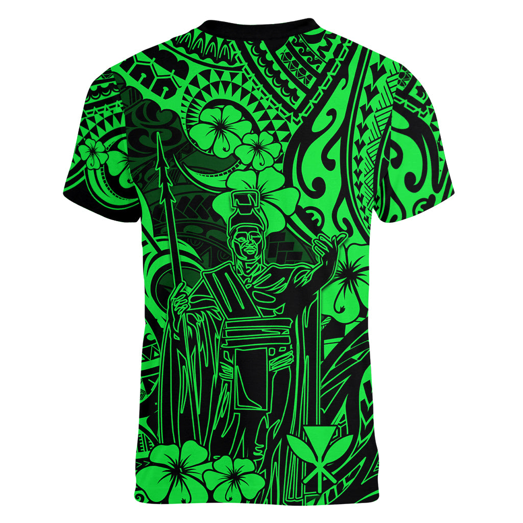 Hawaii King Kamehameha Women V Neck T Shirt Polynesian Pattern Green Version - Wonder Print Shop