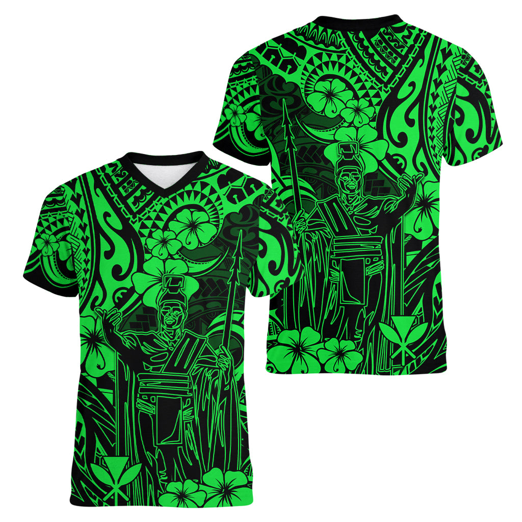 Hawaii King Kamehameha Women V Neck T Shirt Polynesian Pattern Green Version - Wonder Print Shop