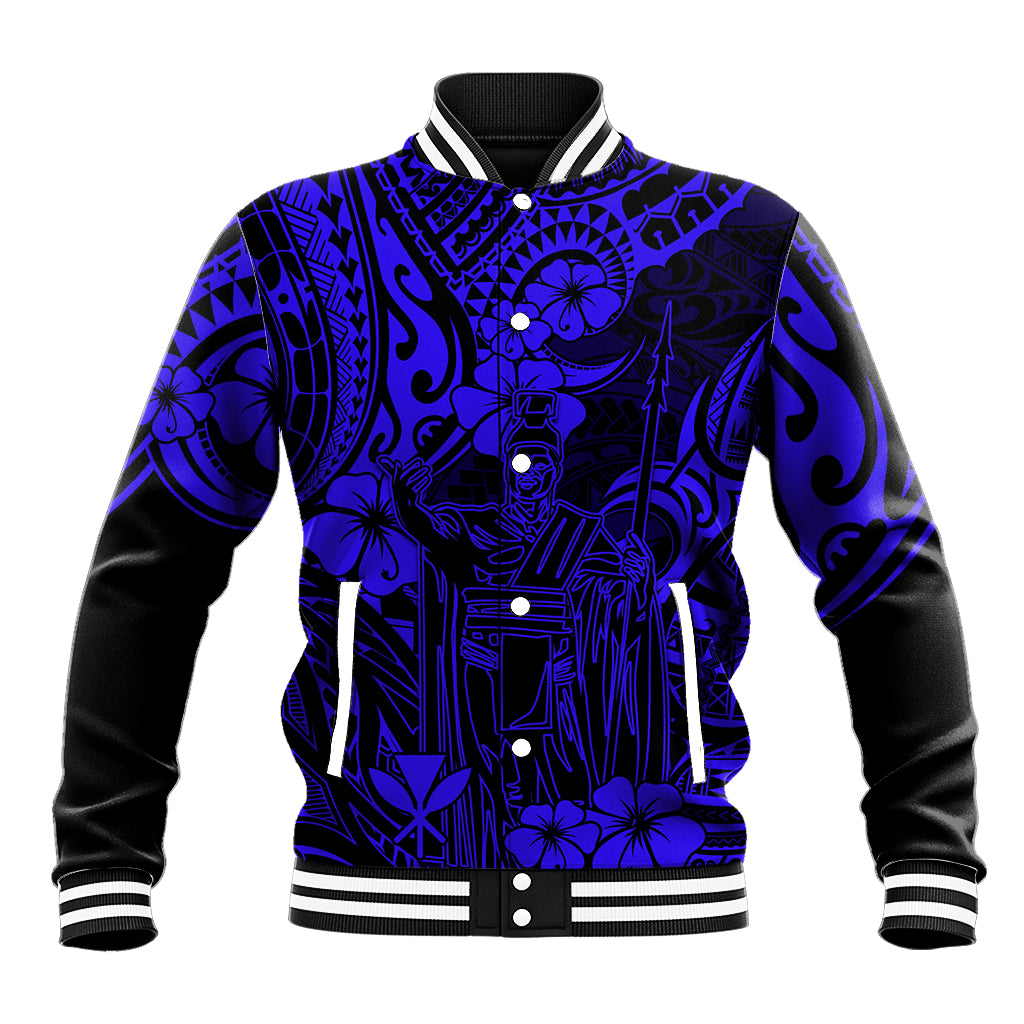 Hawaii King Kamehameha Baseball Jacket Polynesian Pattern Navy Blue Version - Wonder Print Shop
