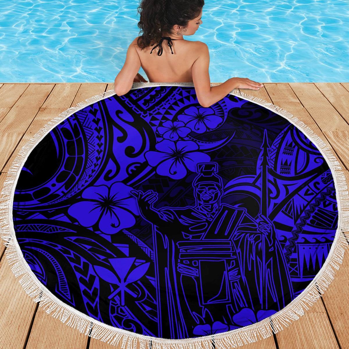 Hawaii King Kamehameha Beach Blanket Polynesian Pattern Navy Blue Version - Wonder Print Shop