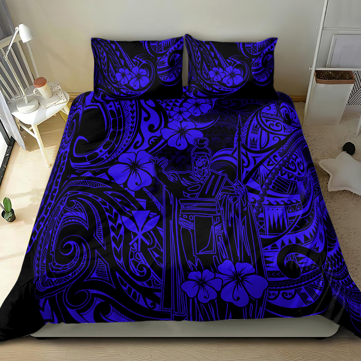 Hawaii King Kamehameha Bedding Set Polynesian Pattern Navy Blue Version - Wonder Print Shop