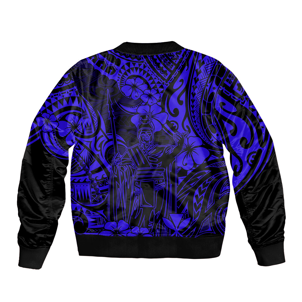 Hawaii King Kamehameha Bomber Jacket Polynesian Pattern Navy Blue Version - Wonder Print Shop
