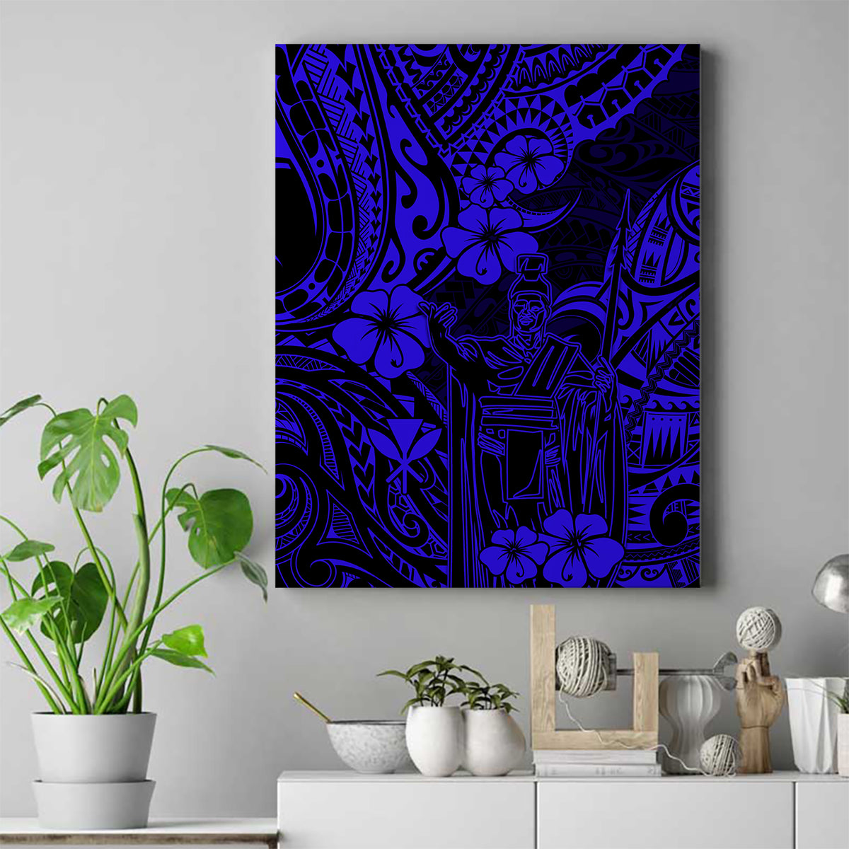 Hawaii King Kamehameha Canvas Wall Art Polynesian Pattern Navy Blue Version - Wonder Print Shop