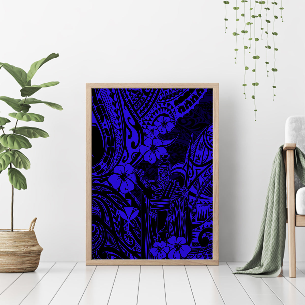 Hawaii King Kamehameha Canvas Wall Art Polynesian Pattern Navy Blue Version - Wonder Print Shop