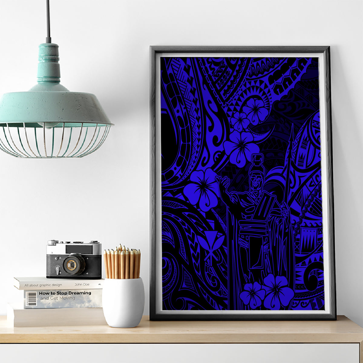 Hawaii King Kamehameha Canvas Wall Art Polynesian Pattern Navy Blue Version - Wonder Print Shop