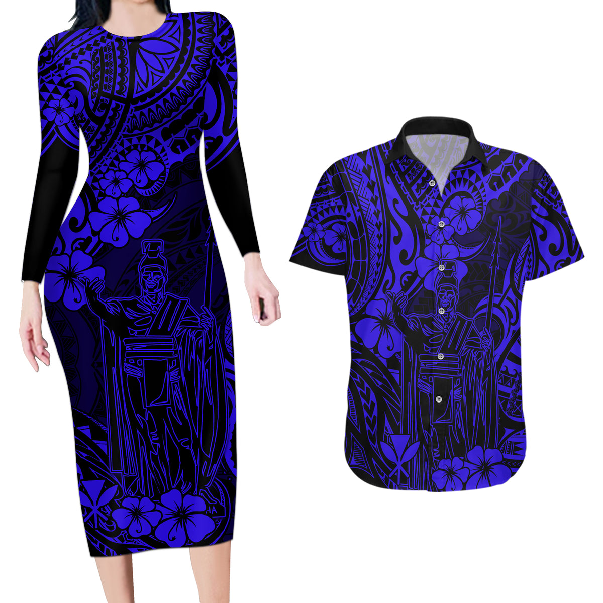 Hawaii King Kamehameha Couples Matching Long Sleeve Bodycon Dress and Hawaiian Shirt Polynesian Pattern Navy Blue Version - Wonder Print Shop