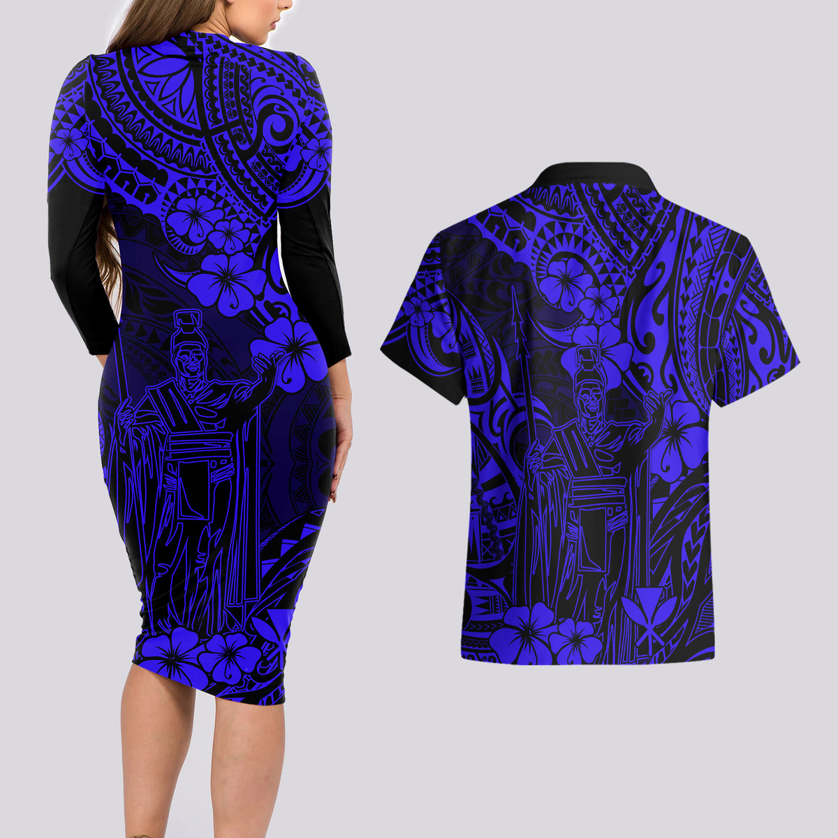 Hawaii King Kamehameha Couples Matching Long Sleeve Bodycon Dress and Hawaiian Shirt Polynesian Pattern Navy Blue Version - Wonder Print Shop