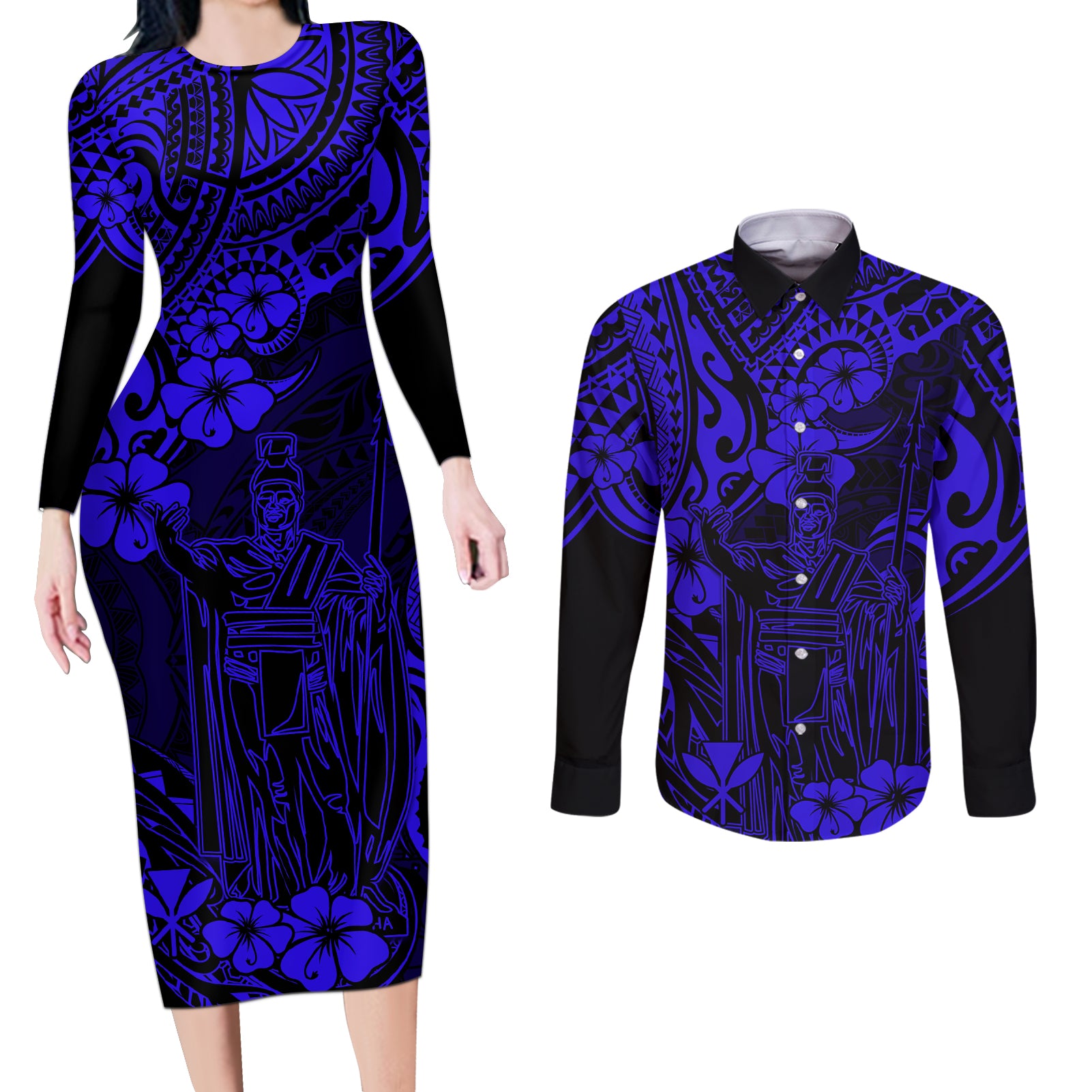 Hawaii King Kamehameha Couples Matching Long Sleeve Bodycon Dress and Long Sleeve Button Shirts Polynesian Pattern Navy Blue Version - Wonder Print Shop