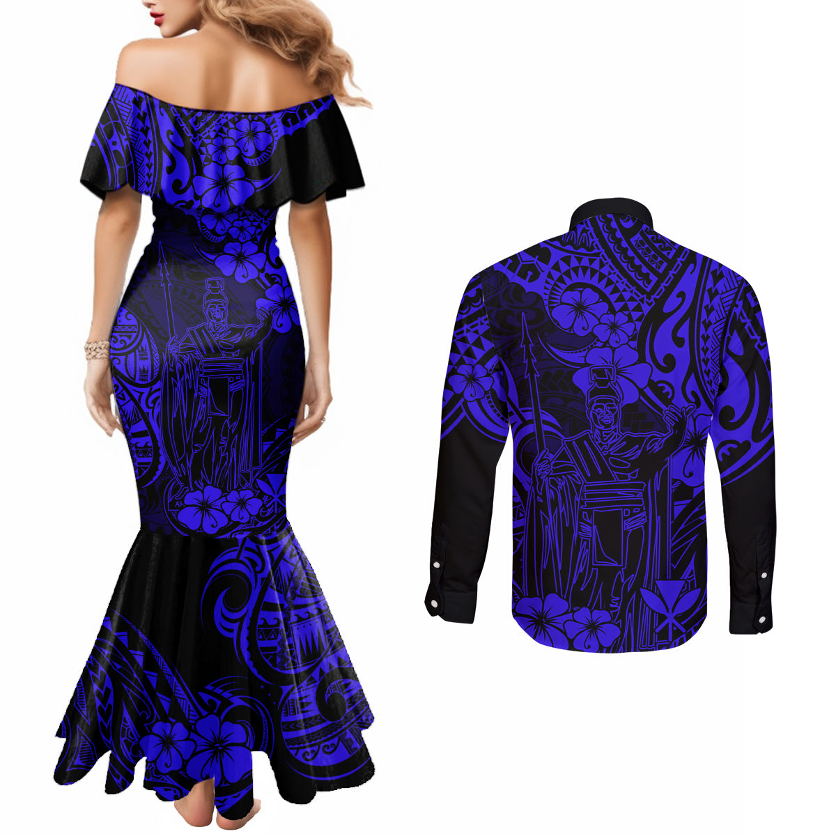 hawaii-king-kamehameha-couples-matching-mermaid-dress-and-long-sleeve-button-shirts-polynesian-pattern-navy-blue-version