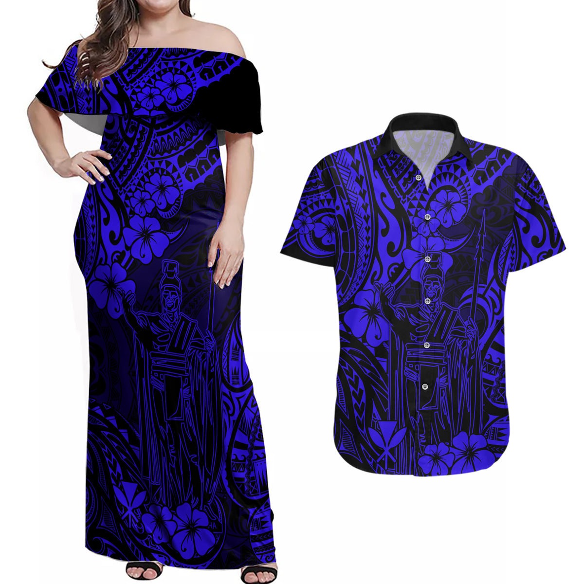 Hawaii King Kamehameha Couples Matching Off Shoulder Maxi Dress and Hawaiian Shirt Polynesian Pattern Navy Blue Version - Wonder Print Shop