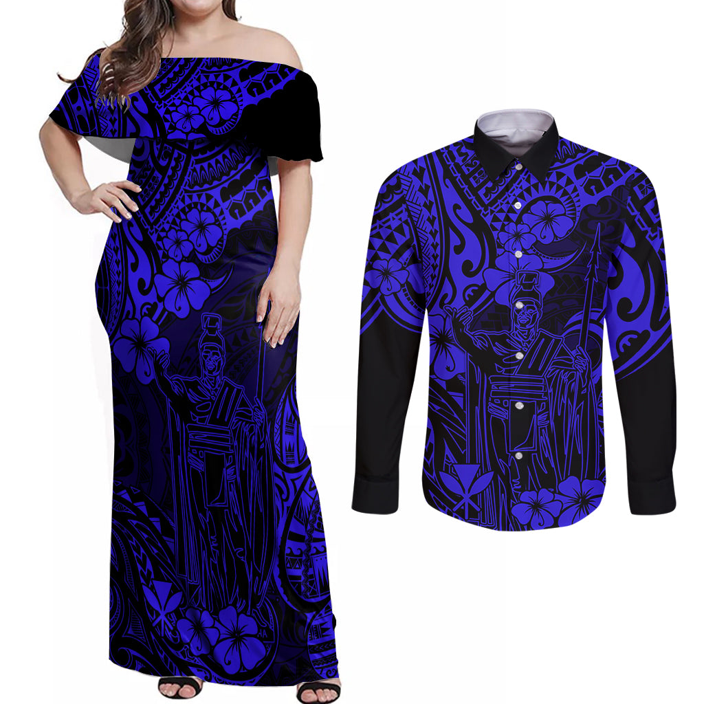 Hawaii King Kamehameha Couples Matching Off Shoulder Maxi Dress and Long Sleeve Button Shirts Polynesian Pattern Navy Blue Version - Wonder Print Shop