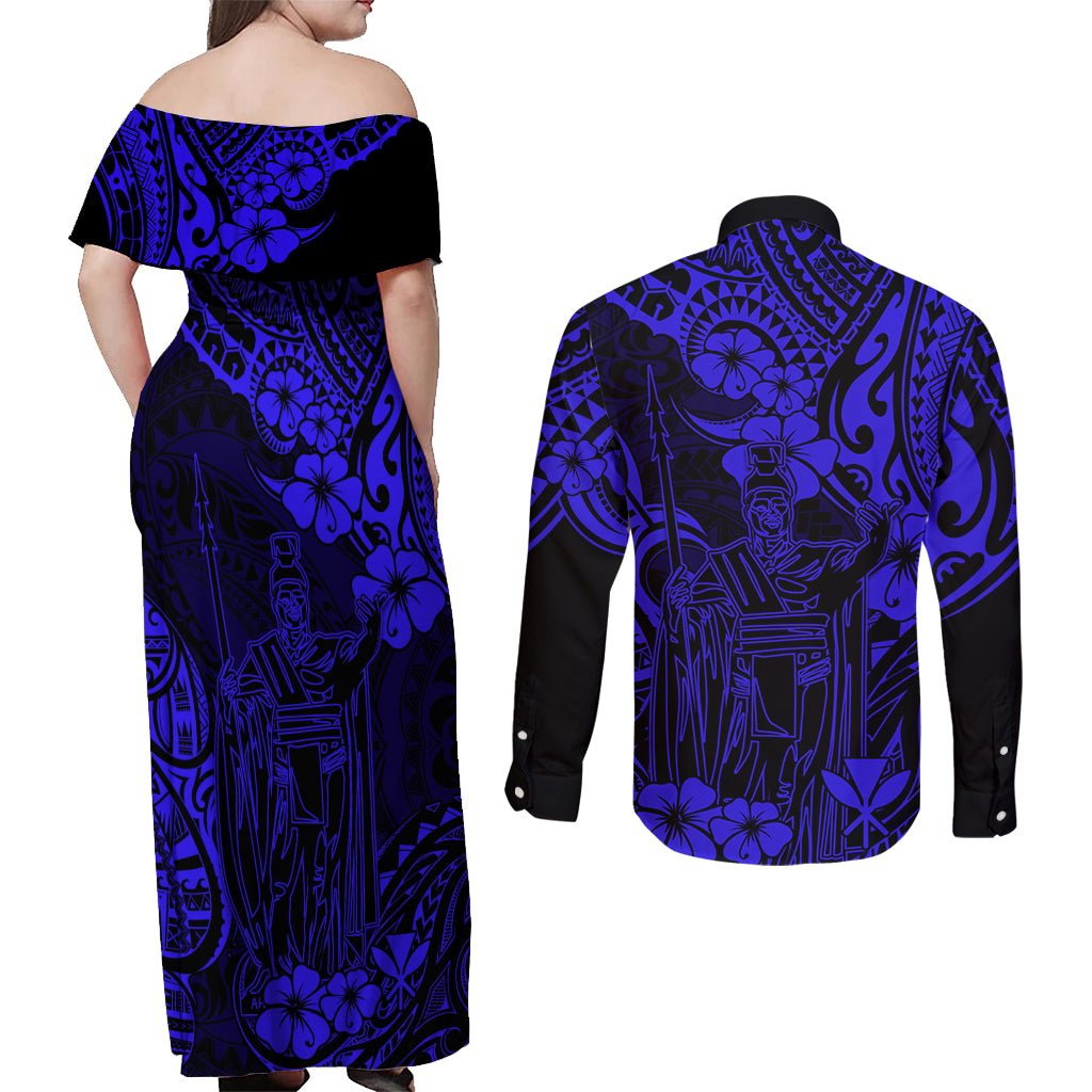 Hawaii King Kamehameha Couples Matching Off Shoulder Maxi Dress and Long Sleeve Button Shirts Polynesian Pattern Navy Blue Version - Wonder Print Shop