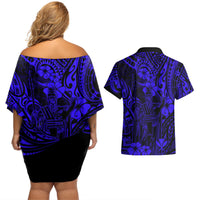 Hawaii King Kamehameha Couples Matching Off Shoulder Short Dress and Hawaiian Shirt Polynesian Pattern Navy Blue Version - Wonder Print Shop