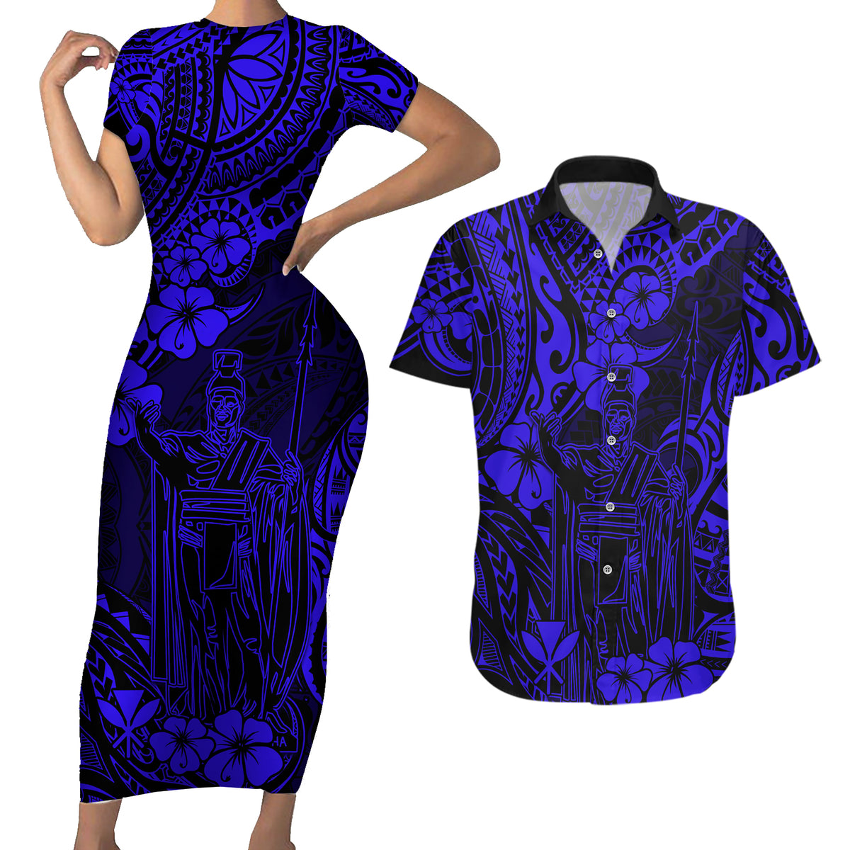 Hawaii King Kamehameha Couples Matching Short Sleeve Bodycon Dress and Hawaiian Shirt Polynesian Pattern Navy Blue Version - Wonder Print Shop