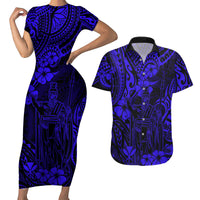 Hawaii King Kamehameha Couples Matching Short Sleeve Bodycon Dress and Hawaiian Shirt Polynesian Pattern Navy Blue Version - Wonder Print Shop