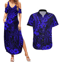 Hawaii King Kamehameha Couples Matching Summer Maxi Dress and Hawaiian Shirt Polynesian Pattern Navy Blue Version - Wonder Print Shop