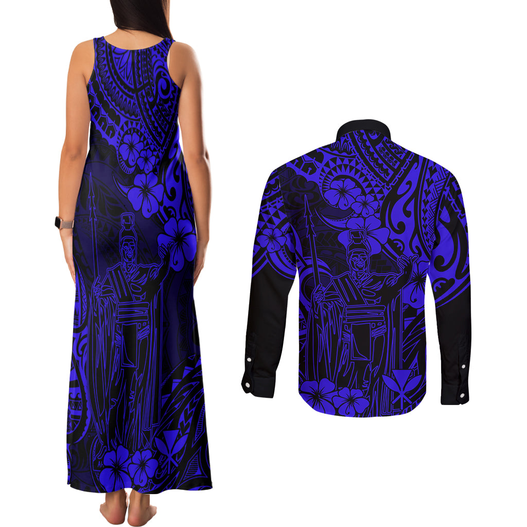Hawaii King Kamehameha Couples Matching Tank Maxi Dress and Long Sleeve Button Shirts Polynesian Pattern Navy Blue Version - Wonder Print Shop