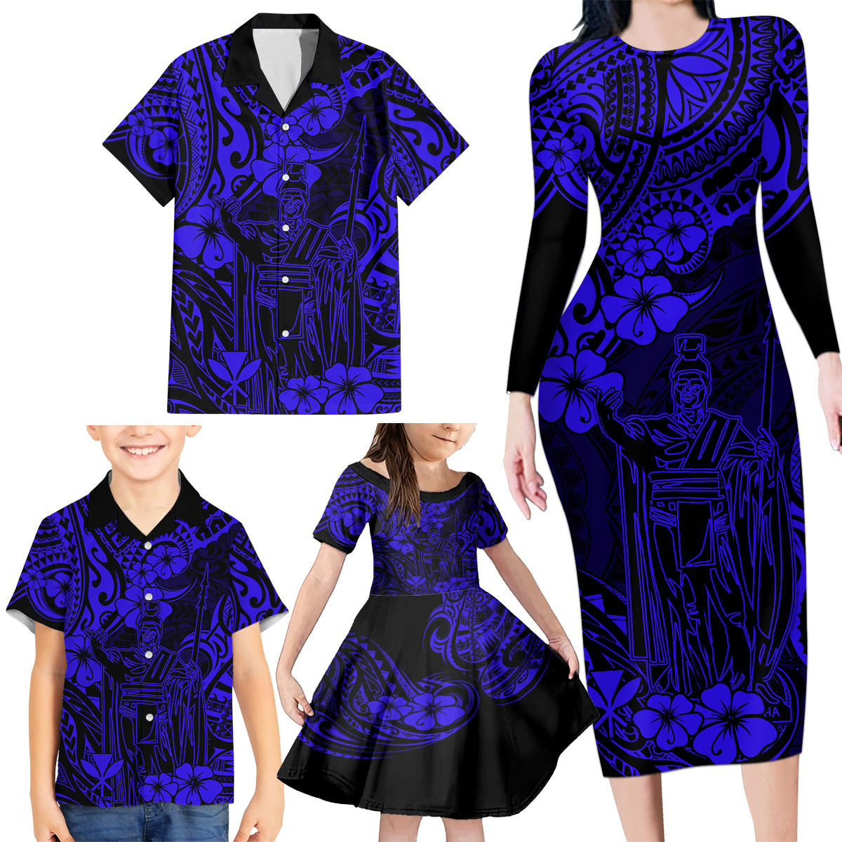 Hawaii King Kamehameha Family Matching Long Sleeve Bodycon Dress and Hawaiian Shirt Polynesian Pattern Navy Blue Version - Wonder Print Shop