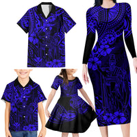 Hawaii King Kamehameha Family Matching Long Sleeve Bodycon Dress and Hawaiian Shirt Polynesian Pattern Navy Blue Version - Wonder Print Shop