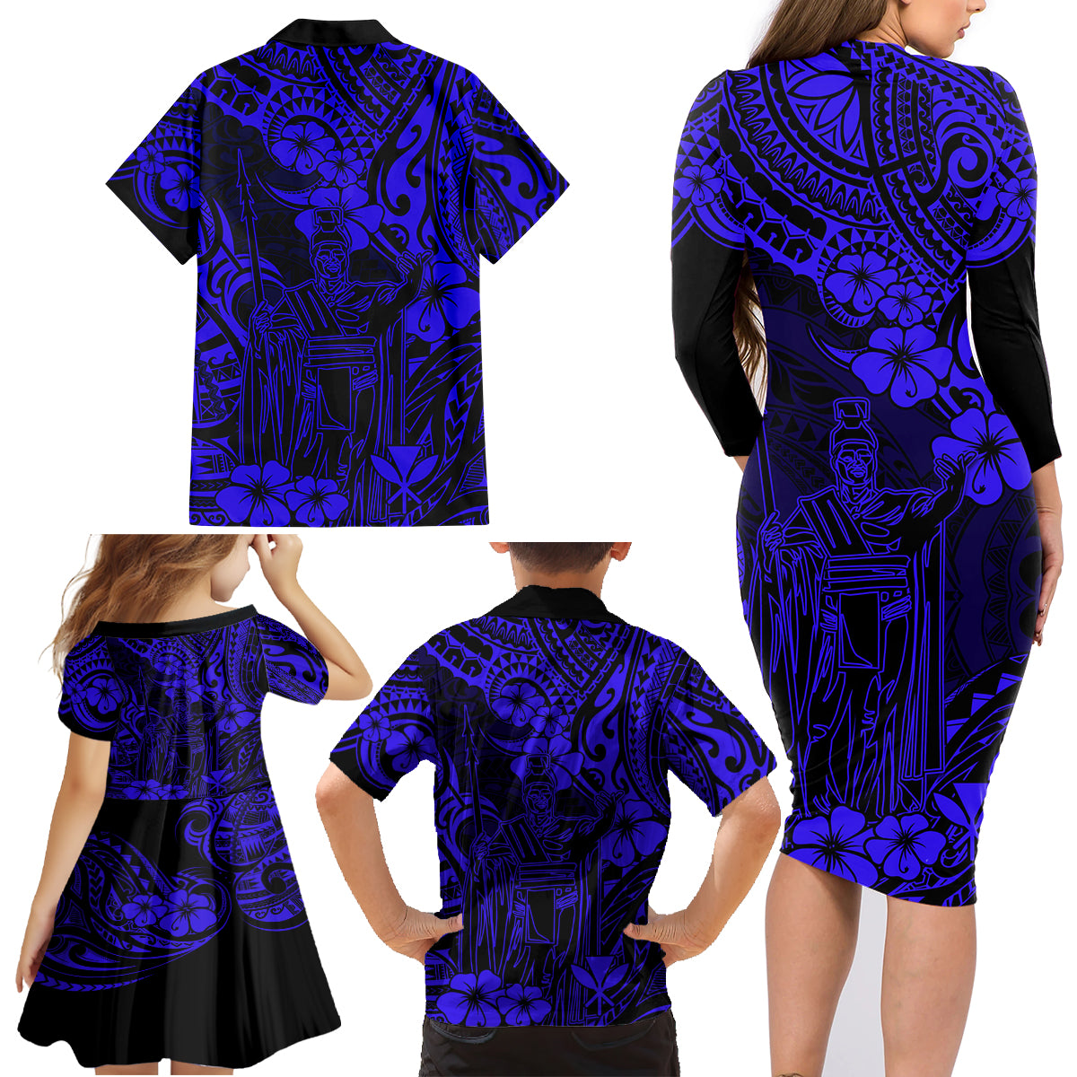 Hawaii King Kamehameha Family Matching Long Sleeve Bodycon Dress and Hawaiian Shirt Polynesian Pattern Navy Blue Version - Wonder Print Shop