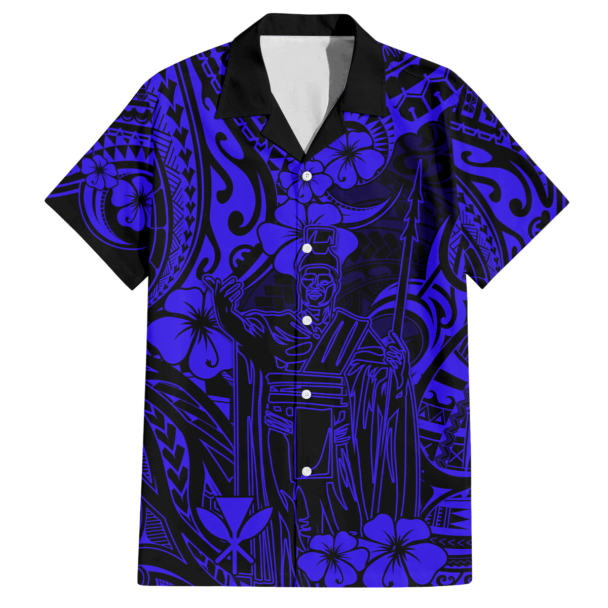 Hawaii King Kamehameha Family Matching Long Sleeve Bodycon Dress and Hawaiian Shirt Polynesian Pattern Navy Blue Version - Wonder Print Shop