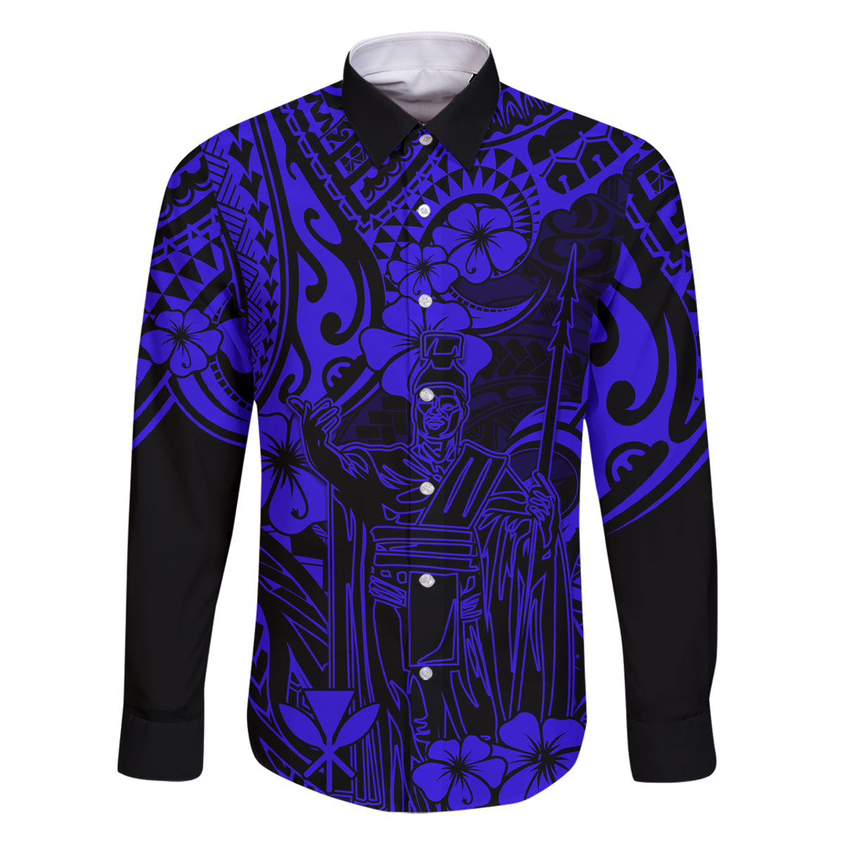 Hawaii King Kamehameha Family Matching Long Sleeve Bodycon Dress and Hawaiian Shirt Polynesian Pattern Navy Blue Version - Wonder Print Shop