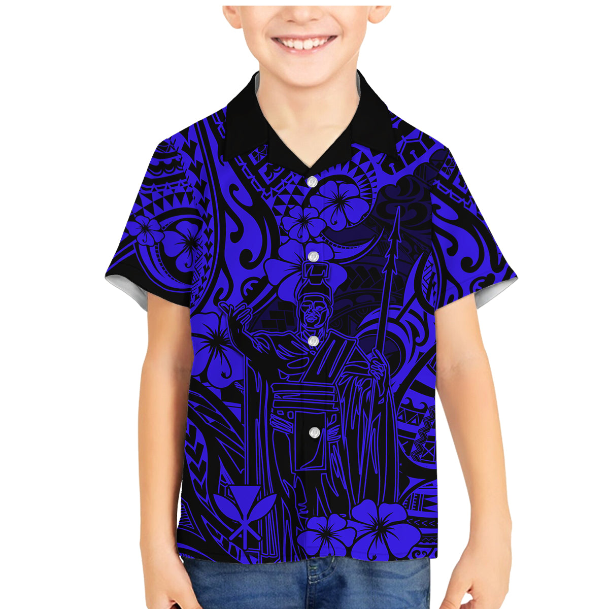 Hawaii King Kamehameha Family Matching Mermaid Dress and Hawaiian Shirt Polynesian Pattern Navy Blue Version - Wonder Print Shop